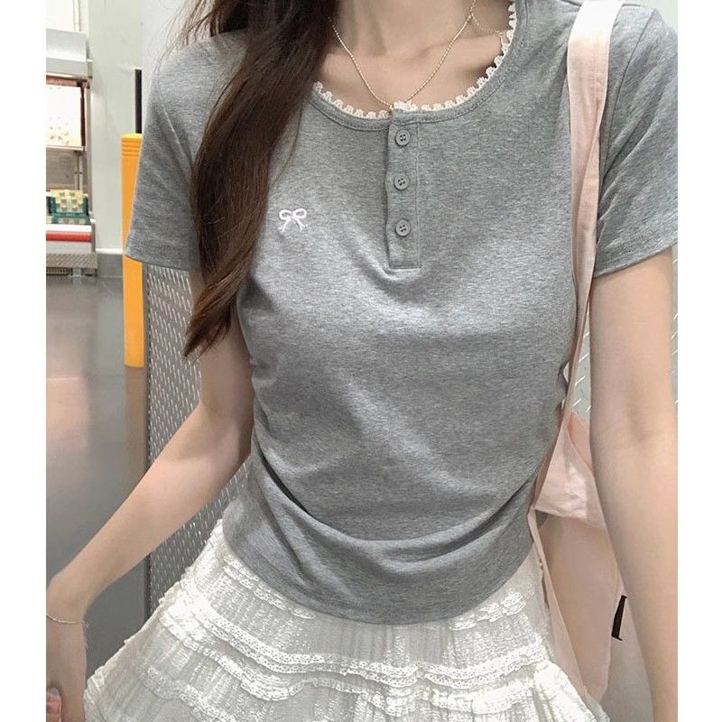 蕾丝纽扣花边纯棉正肩短袖t恤女夏季新款褶皱蝴蝶结显瘦短款上衣