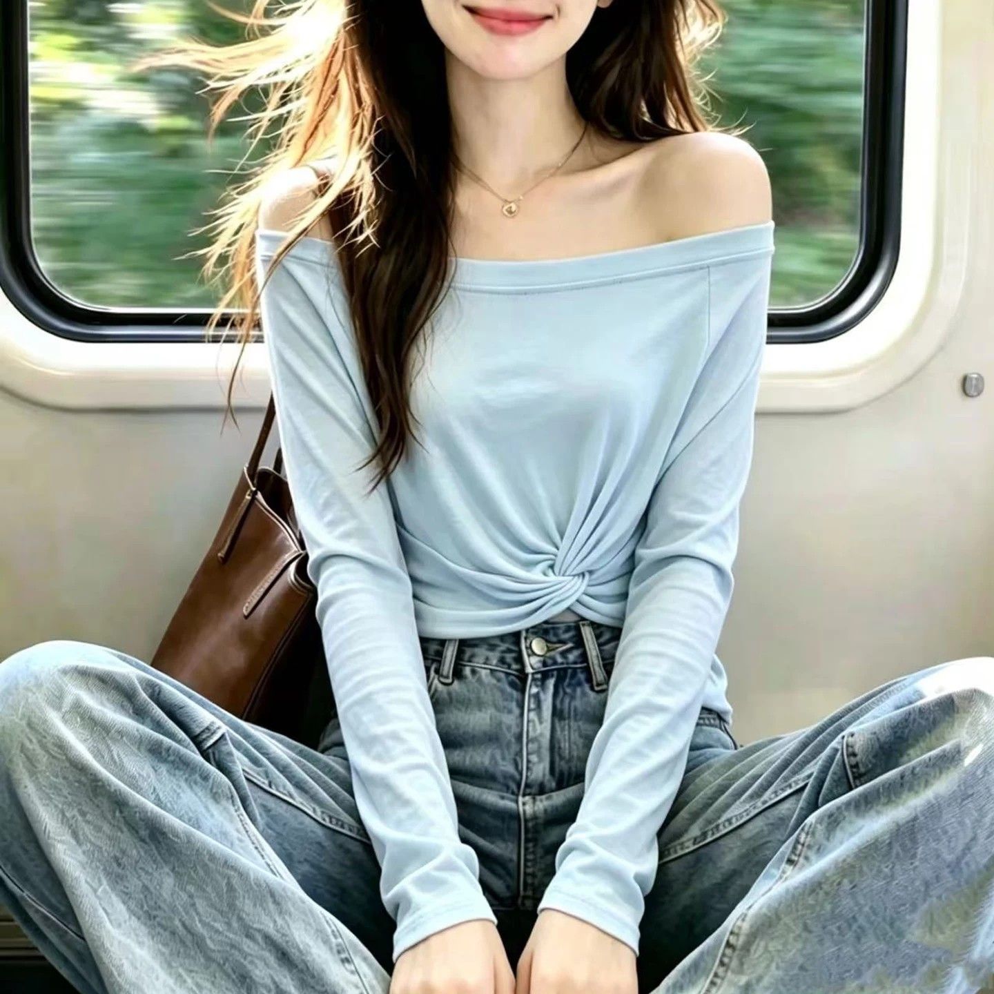 韩系扭结一字肩露肩长袖t恤女2026新款夏季修身显瘦防晒罩衫上衣