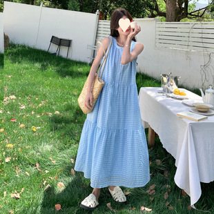 夏季新款韩系小众格子背带裙设计度假风百搭纽扣连衣长裙女