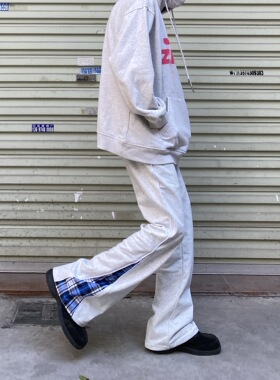 传奇商行2026新款拼接格纹休闲裤男女宽松微喇直筒运动卫裤