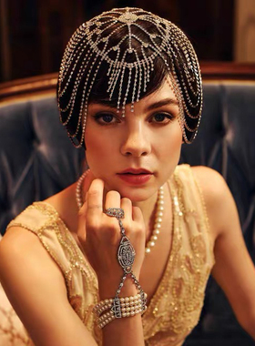 欧美复古盖茨比发饰满钻闪亮性感头圈舞会派对镂空水钻流苏头饰