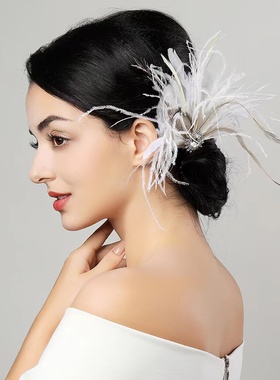 盖茨比复古白色羽毛发夹新娘伴娘舞台表演酒会晚宴会礼服头饰发饰