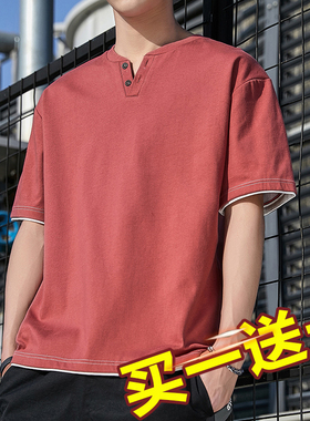 2023年新款纯棉男士短袖t恤假两件粉红色男装半袖夏季上衣服体恤