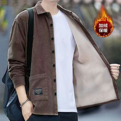 冬季男士保暖衬衫加绒加厚衬衣休闲多口袋宽松大码灯芯绒男装外套