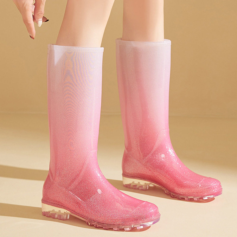 跨境新版雨鞋潮流时尚渐变高筒雨靴女冬季加绒保暖露营赶海田园涉
