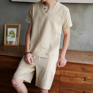 棉麻睡衣夏季男短袖2024夏天男士家居服套装亚麻薄款简约两件套男