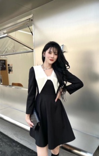 春秋新高级感欧美复古大蝴蝶结拼接收腰高腰显瘦伞摆蓬蓬连衣裙