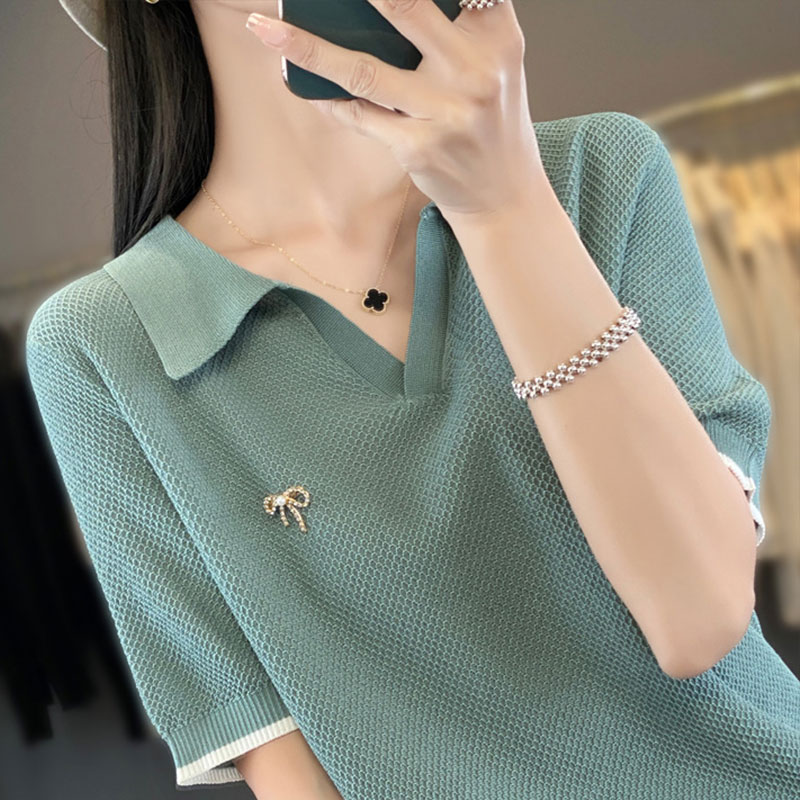 Polo领短袖t恤女2024新款大码女装夏季冰丝针织衫薄款高级感上衣
