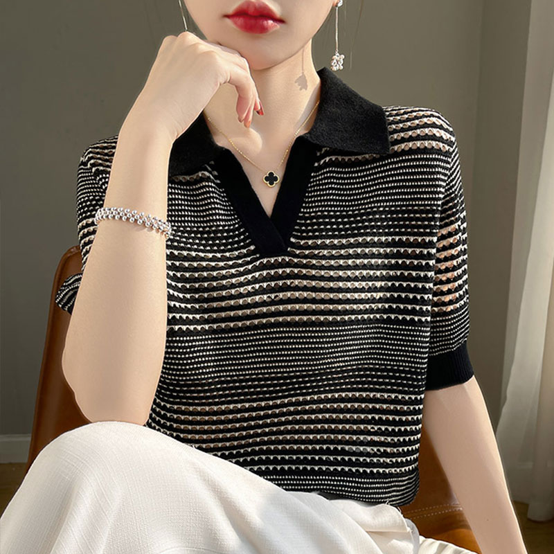 Polo领条纹短袖t恤女夏季2025新款大码女装夏薄款上衣冰丝针织衫