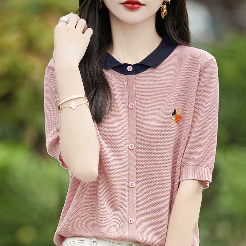 短袖t恤女2025新款刺绣蜜蜂翻领大码女装夏季薄款冰丝针织衫上衣