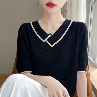 冰丝针织短袖t恤女2025新款爆款时尚别致V领宽松大码女装夏季上衣