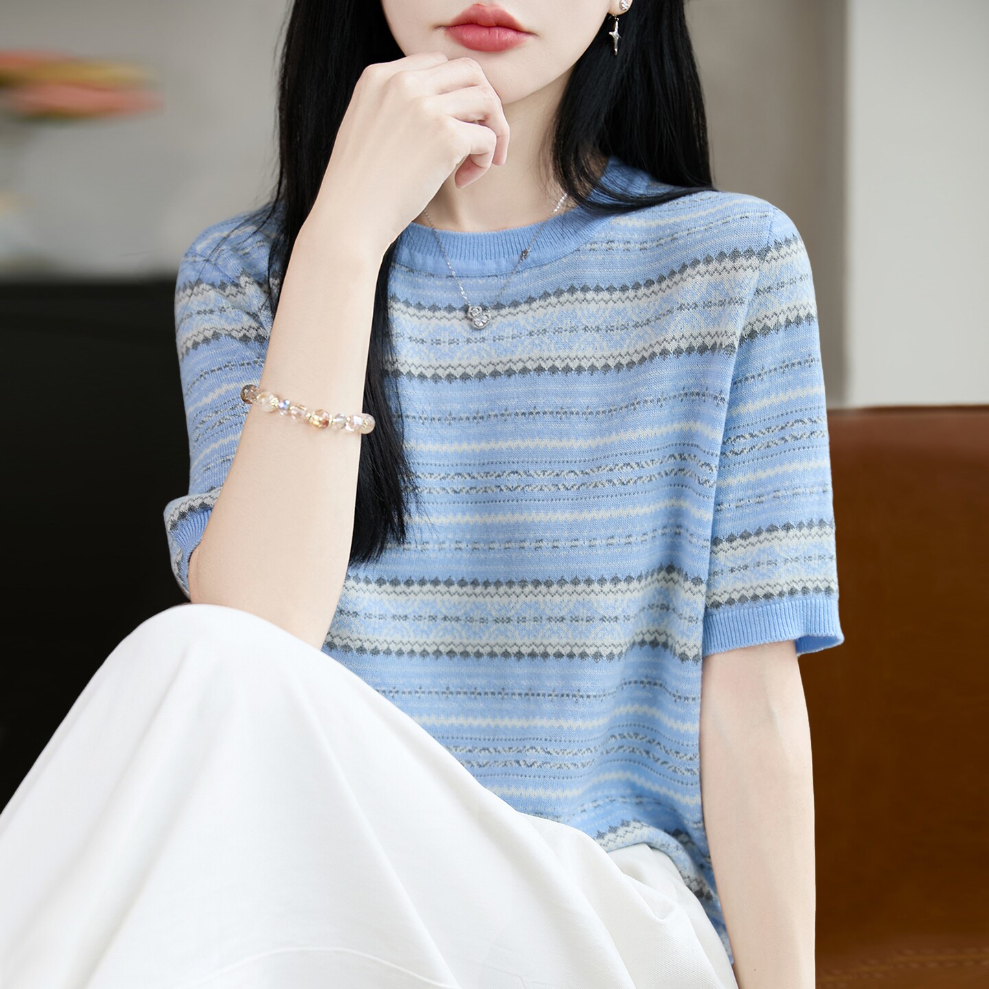 2026新款提花条纹针织短袖t恤女夏季薄款冰丝针织衫大码女装上衣