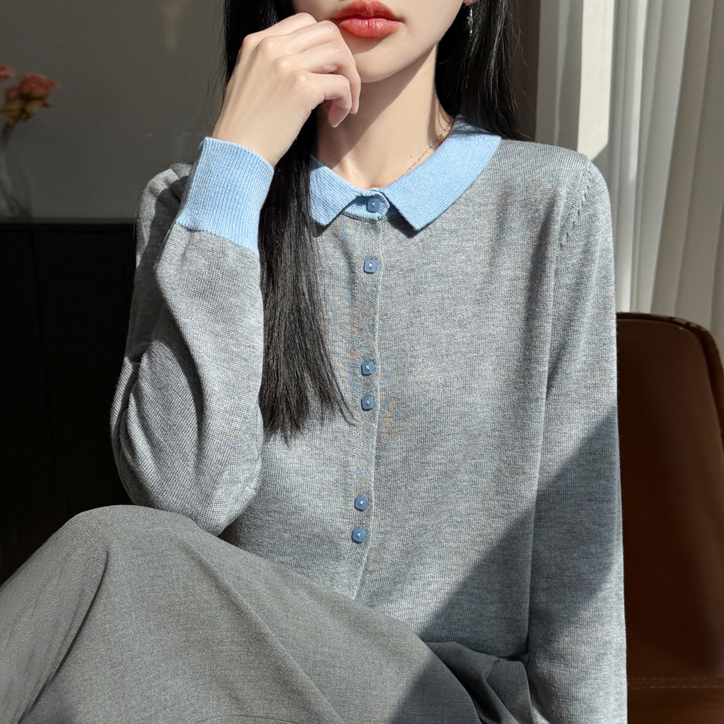 2026新款翻领拼接时尚显瘦针织开衫外套女春秋洋气大码女装上衣