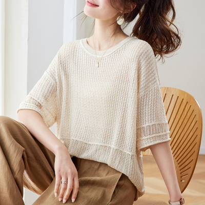2026新款蕾丝镂空针织短袖t恤女夏季薄款冰丝针织衫大码女装上衣
