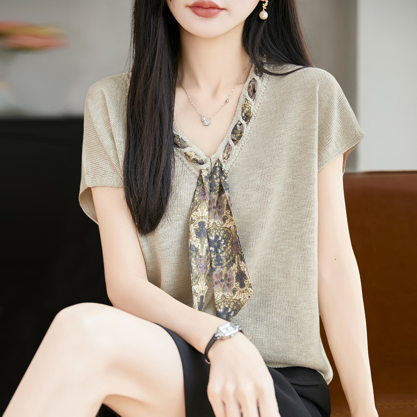 2026新款V领镂空针织短袖t恤女夏季薄款冰丝针织衫大尺码女装上衣