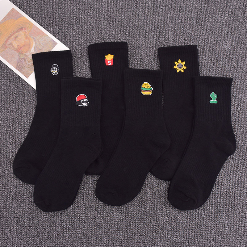黑色纯棉袜子男中筒袜ins潮欧美街头潮袜薯条汉堡刺绣女运动高帮