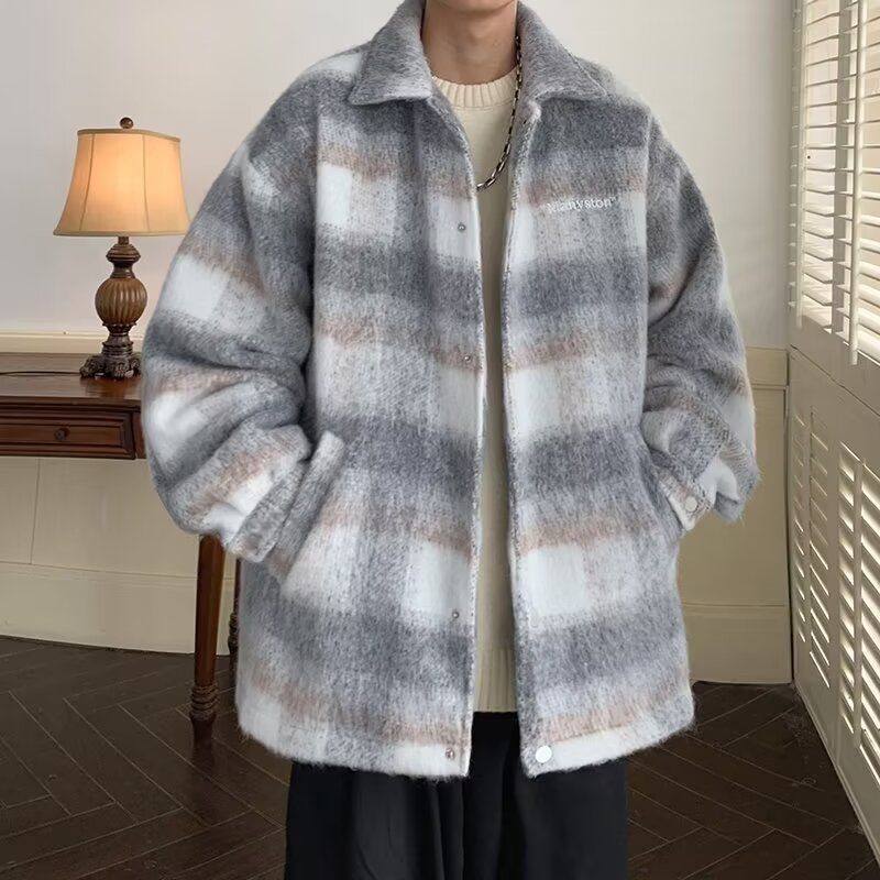 短款格子毛呢大衣外套男秋冬款加厚港风韩版棉服痞帅男装翻领夹克,男装,毛呢大衣,淘宝优惠券,粉丝福利购,淘宝优惠卷