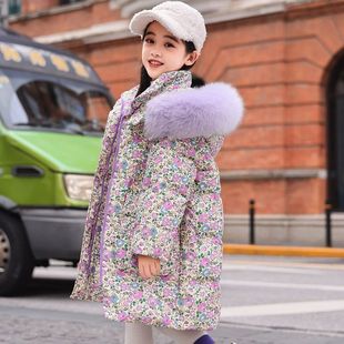 新款儿童中长款羽绒服白鸭绒加厚冬外套女童儿童大毛领碎花羽绒服