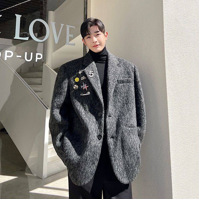 秋冬装欧美复古轻奢高级感贴标胸针廓形西装男加厚毛呢外套,男装,毛呢大衣,淘宝优惠券,粉丝福利购,淘宝优惠卷