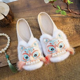 老虎头拖鞋2025春秋款虎头鞋绣花鞋拖鞋民族风刺绣国风古风女鞋卡