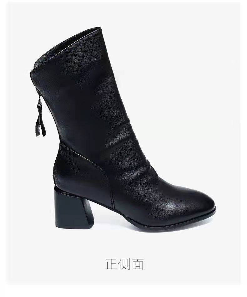 时装靴女2021年秋冬季新款休闲时尚百搭圆头粗跟后拉链短筒靴