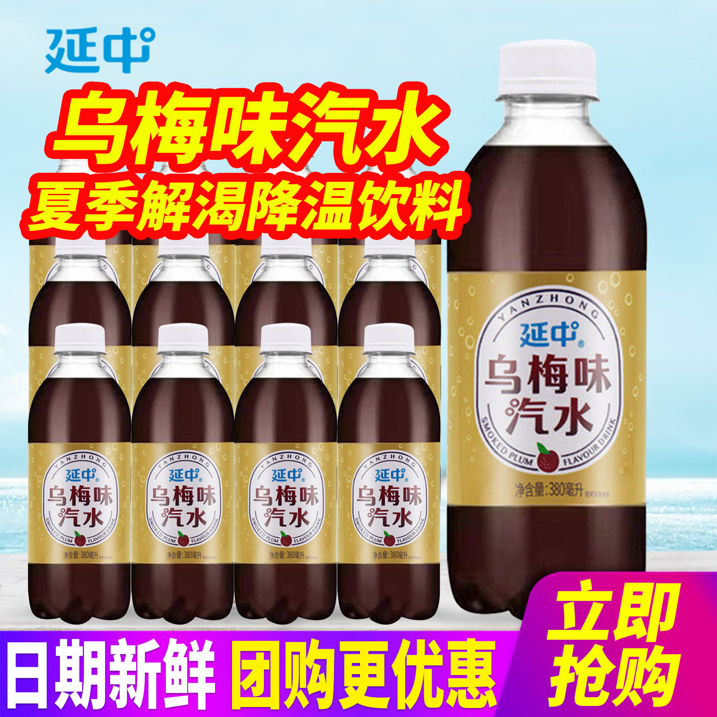 上海延中乌梅汁380ml*12瓶整箱包邮乌梅味碳酸汽水饮料夏降温解暑