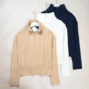 美国单  秋冬新款女士半拉链立领绞花棉线刺绣针织毛衣