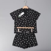 套装 美系K尔 T恤松紧腰针织短裤 女士棉质胶印V领休闲短袖 新款