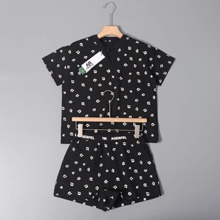 美系K尔   新款女士棉质胶印V领休闲短袖T恤松紧腰针织短裤套装