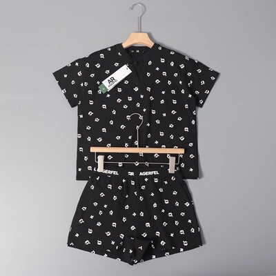 美系K尔   新款女士棉质胶印V领休闲短袖T恤松紧腰针织短裤套装