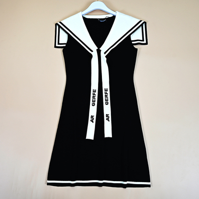 美系K尔  时尚个性飘带字母海军领休闲无袖针织连衣裙