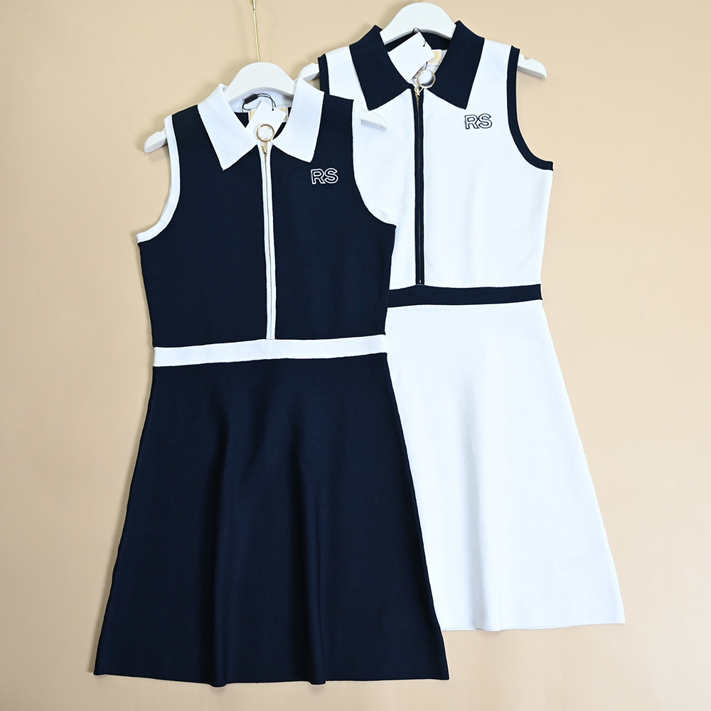 美M系  夏季新款女士无袖撞色翻领半拉链修身针织衫连衣裙