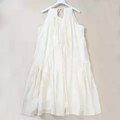 Summer New Style Women's Round Neck Sleeveless Cream Yellow Mid-Length Pleated Dress Loose Holiday Dress