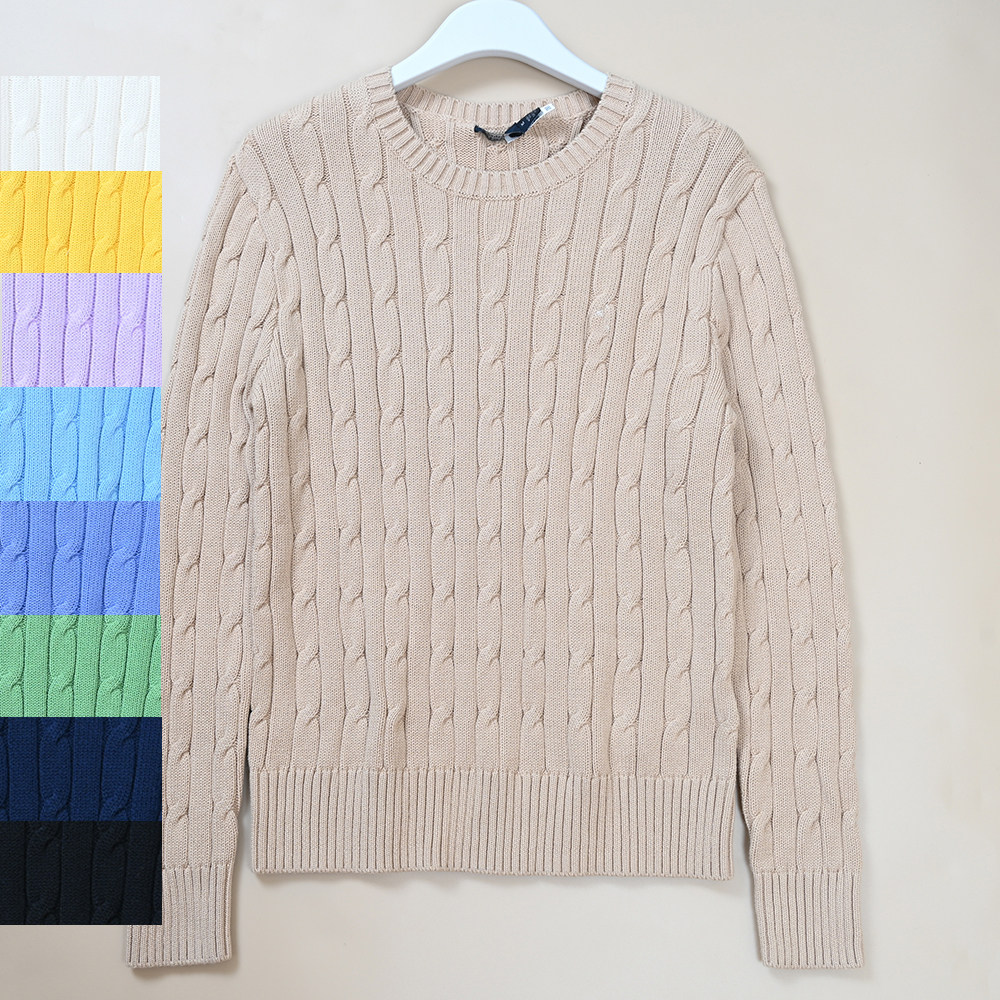 外贸新款女士刺绣小标简约麻花设计休闲纯色圆领长袖针织毛衣