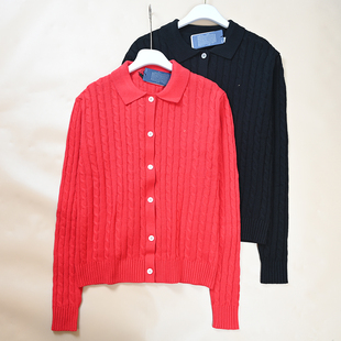 美单  春秋新款女士刺绣polo领长袖棉纱绞花针织毛衣开衫上衣