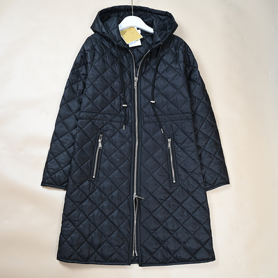 美M系 秋冬新款女士绗缝菱格羽绒棉收腰中长款长袖连帽薄棉服