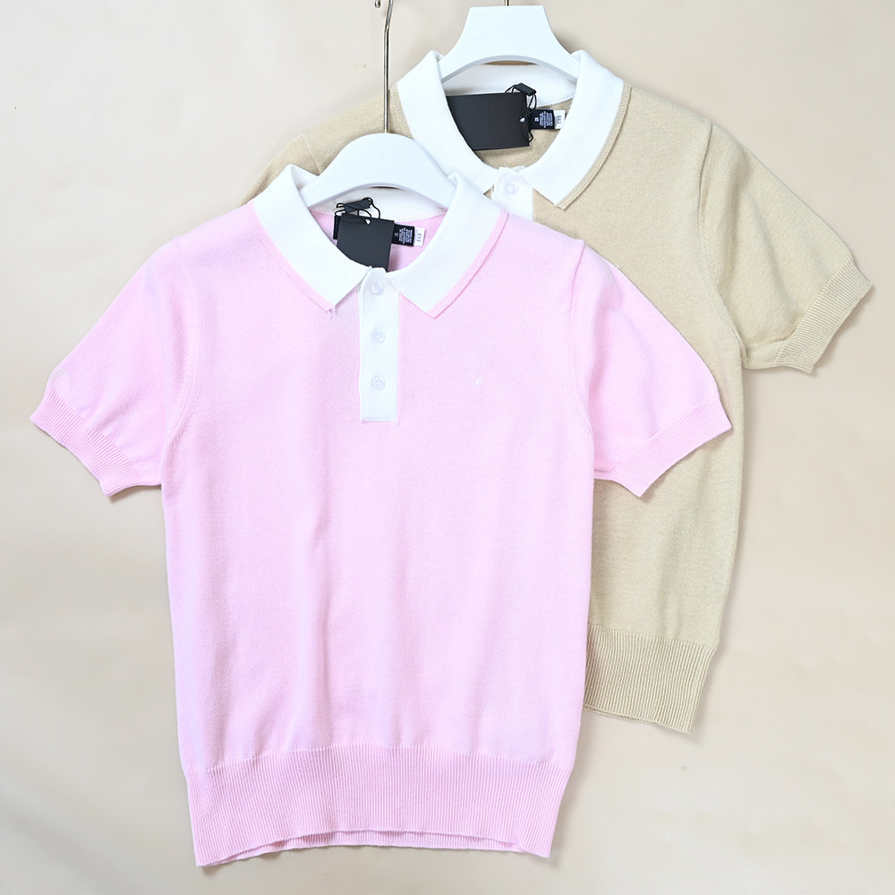 美国单 夏季新款女士刺绣撞色polo领休闲短袖针织衫
