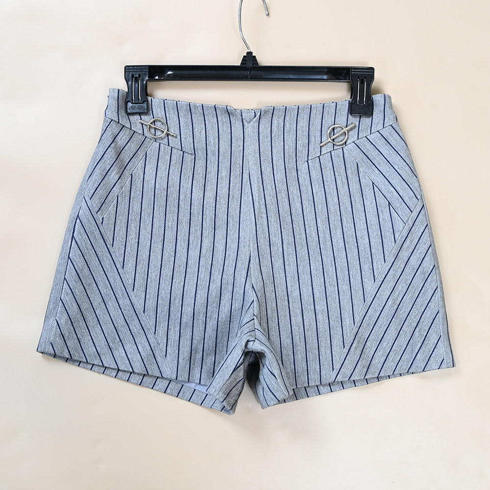 春夏新款女士高腰显瘦时尚百搭侧拉链条纹短裤