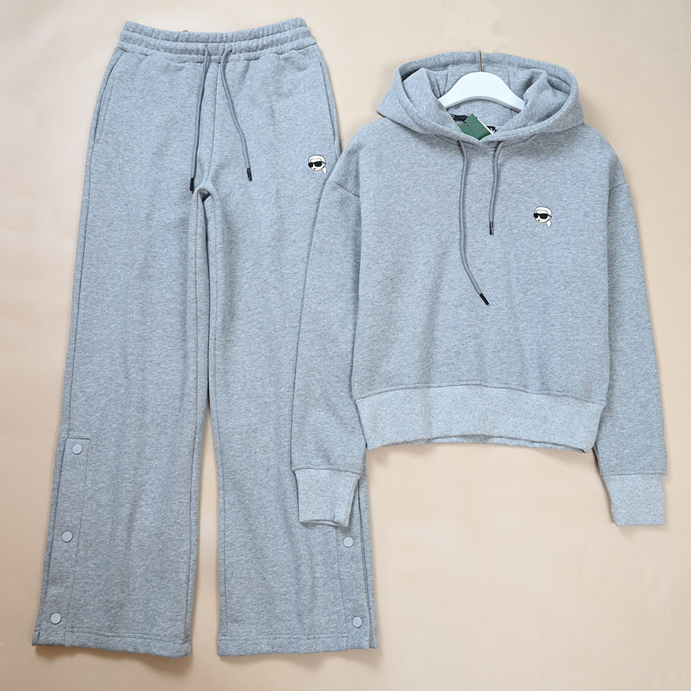 美系K尔秋冬新款女士运动休闲圈棉刺绣薄绒连帽套头卫衣+卫裤套装