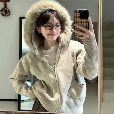 韩系高级感大毛领连帽针织开衫