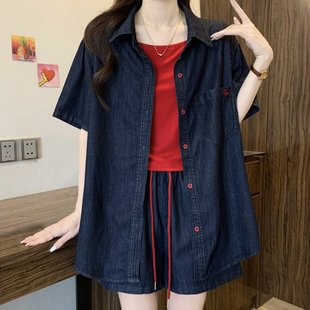 微胖mm遮肚藏肉显瘦外套短裤 大码 爆款 高级感仔套装 两件件套 女夏季