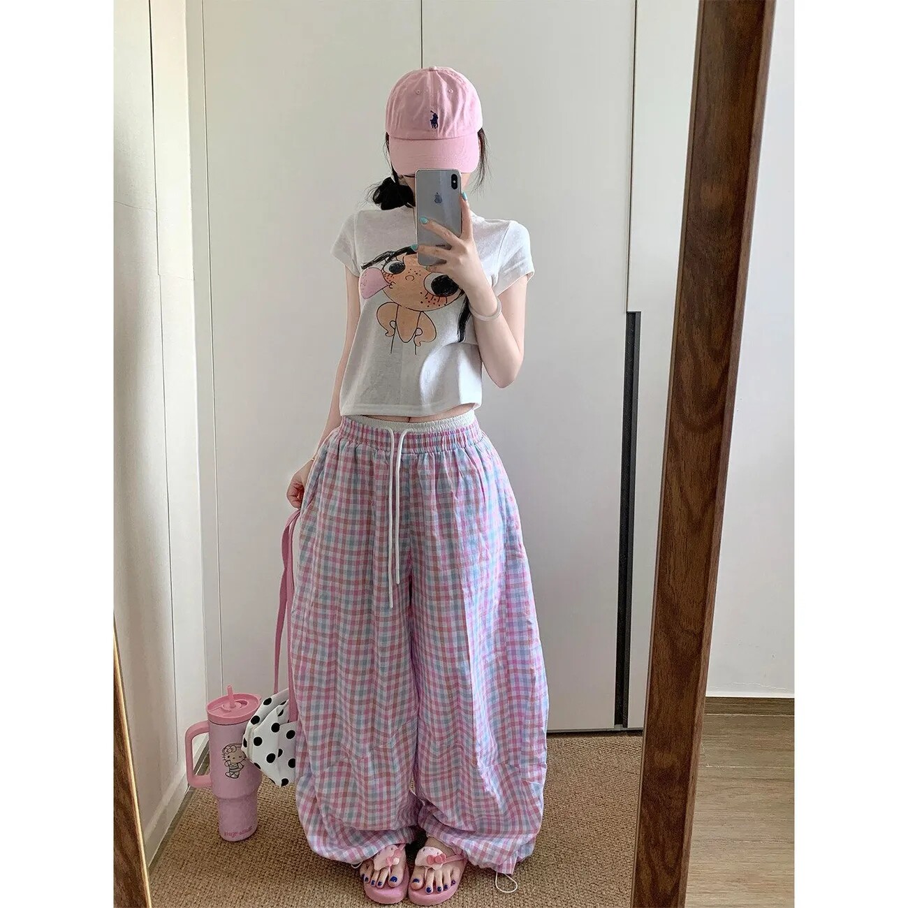大码胖妹妹甜美风流行韩版高腰格子阔腿裤宽松直筒裤糖果风休闲裤