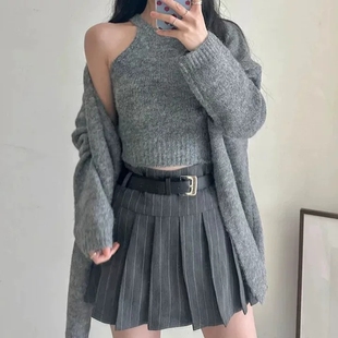 韩系chic秋冬季新款慵懒风针织背心上衣+软糯宽松毛衣外套两件套