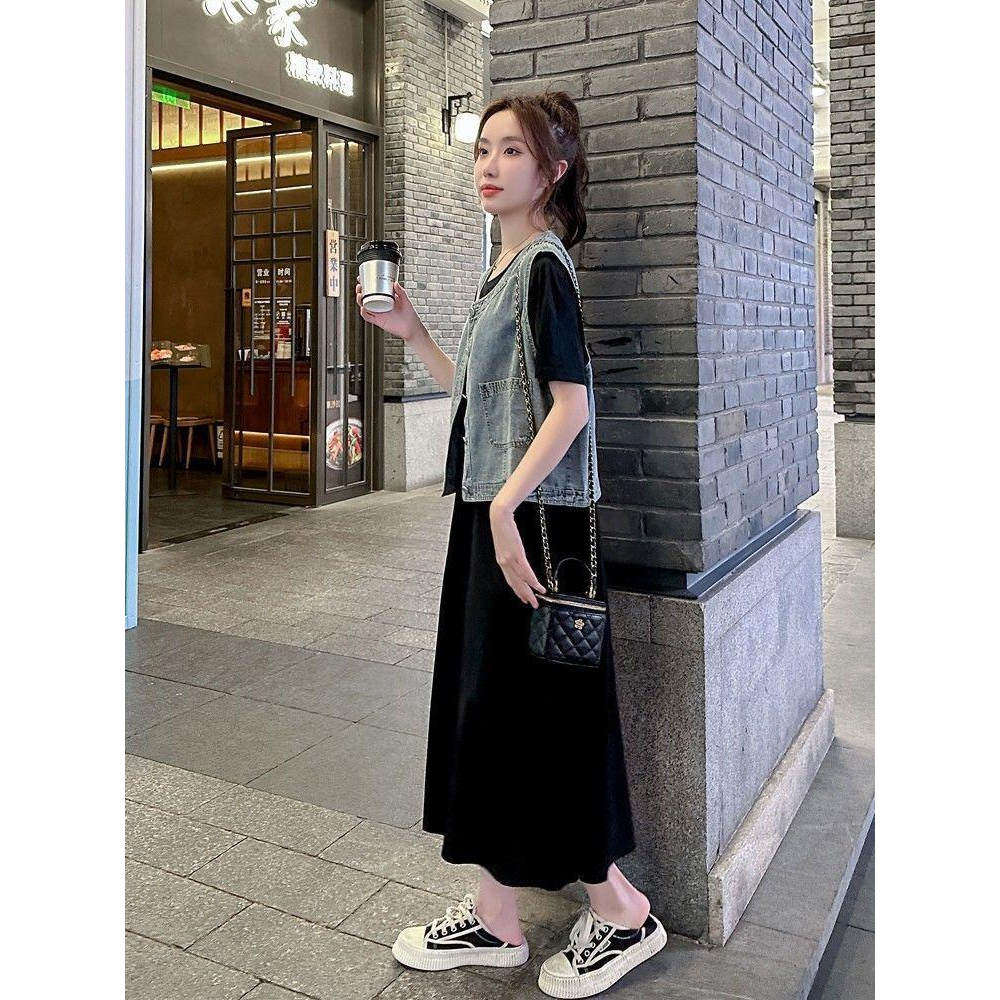 牛仔马甲黑色连衣裙套装夏季