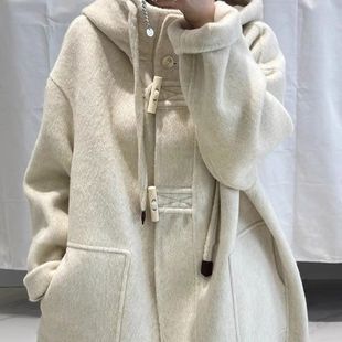 300斤加大码双面羊毛牛角扣秋冬羊绒大衣连帽宽松中长款毛呢外套