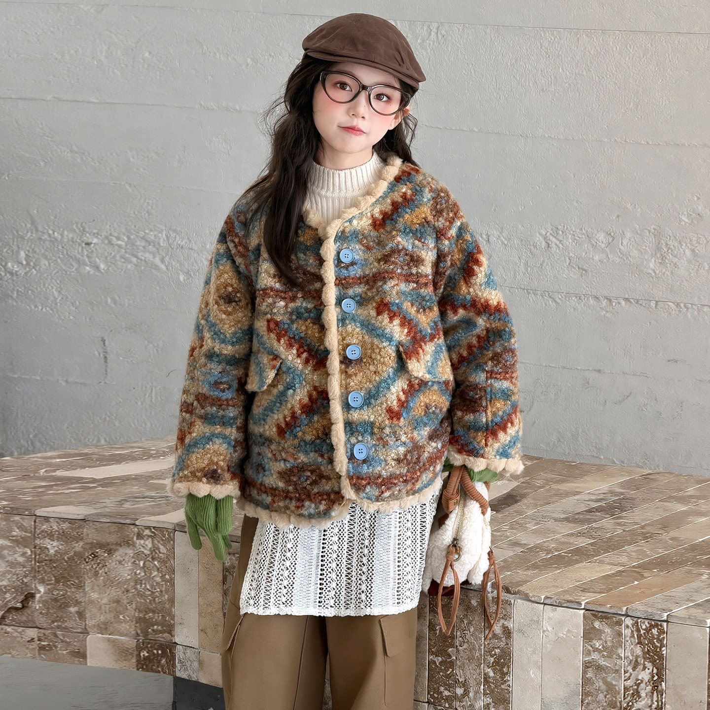 女童加绒加厚外套棉服2026新款儿童熊猫毛毛衣中大童冬装连帽棉衣