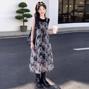 女童连衣裙夏季新款儿童水墨网纱吊带裙子两件套夏款女孩公主套裙