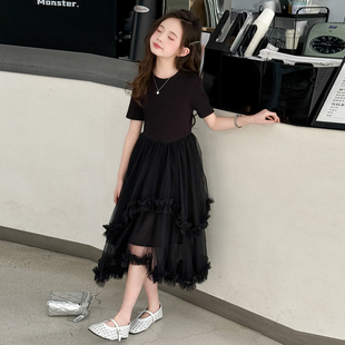 女童夏装短袖连衣裙2025新款韩范时尚女孩网纱拼接裙子薄款公主裙