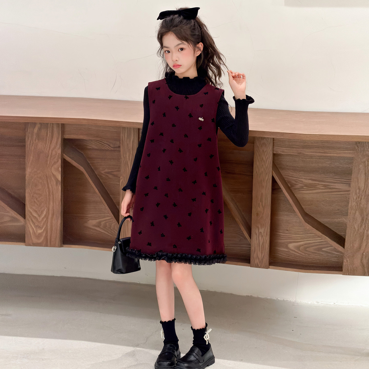 女童秋冬毛呢裙2026新款儿童红色加绒背心连衣裙中大童年服两件套