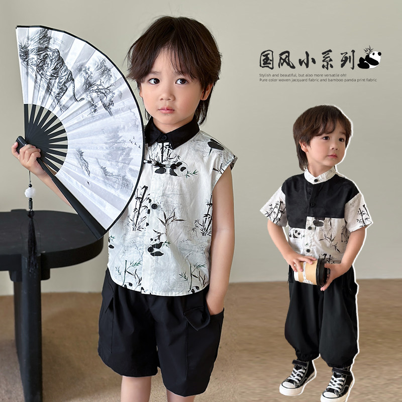 陈大猪男婴童 宝宝国风衬衫夏季短袖立领复古儿童新中式汉服衬衣